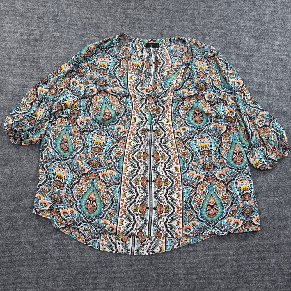 Tahari Woman Paisley Print V-Neck 3/4 Sleeve Button Front Blouse Top 2XL